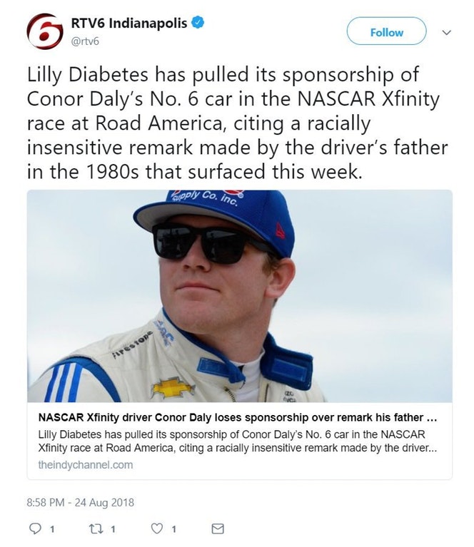 Cringeworthy report of NASCAR driver losing a sponsorship deal over comment his father made decades ago