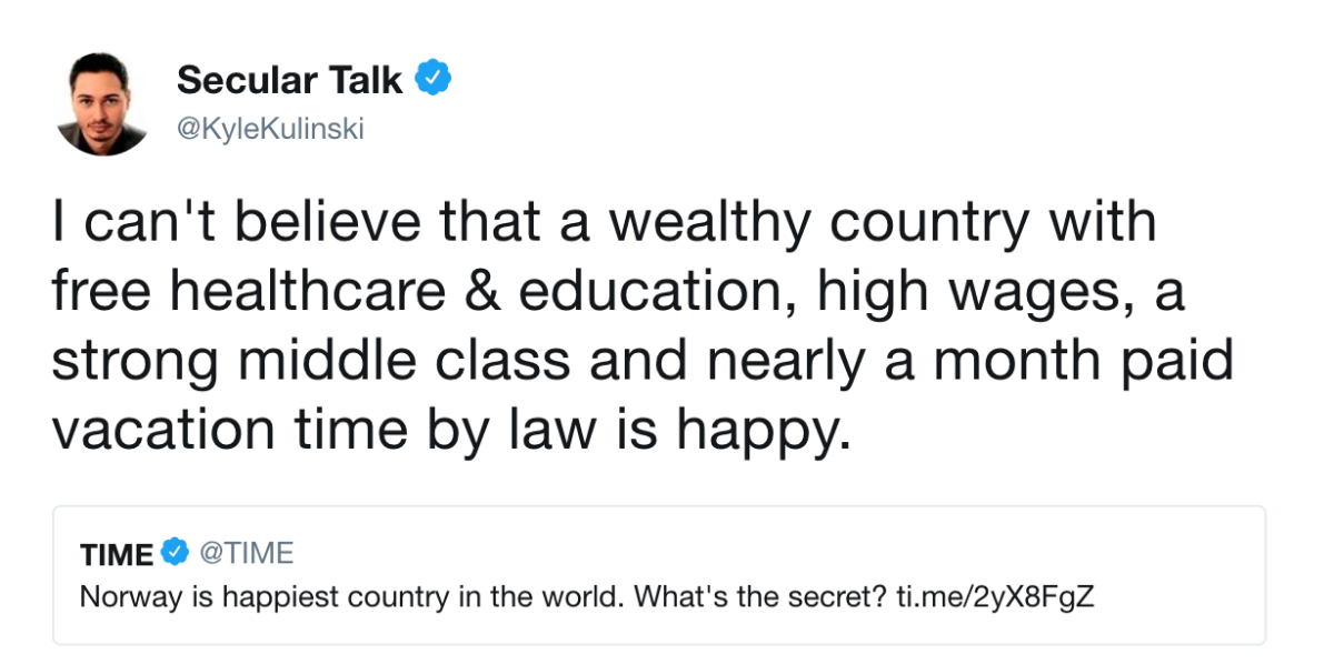 tweet about socialism and how Norway is such a happy country