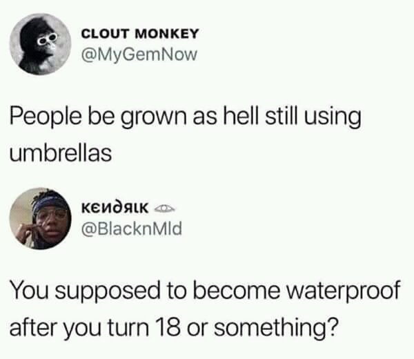 Meme - Clout Monkey People be grown as hell still using umbrellas You supposed to become waterproof after you turn 18 or something?