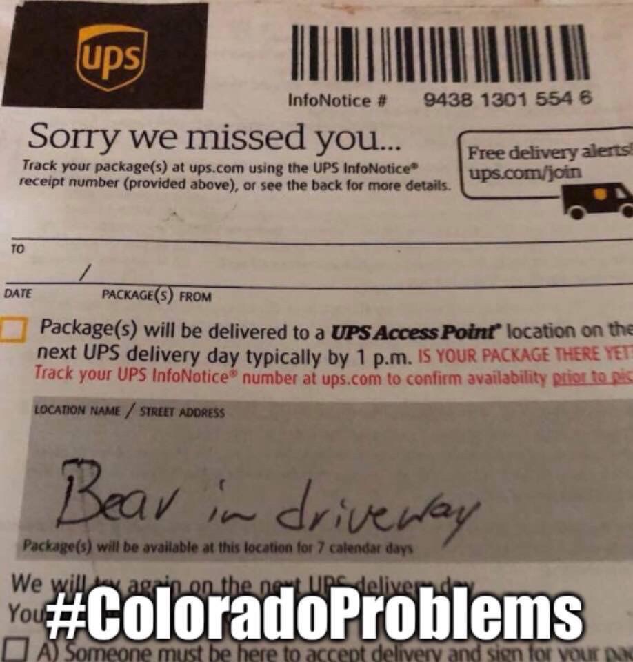 ups bear in driveway - ups InfoNotice # 9438 1301 554 6 Sorry we missed you... Free delivery alerts Track your packages at ups.com using the Ups InfoNotice receipt number provided above, or see the back for more details. ups.comjoin Date PackageS From Pac