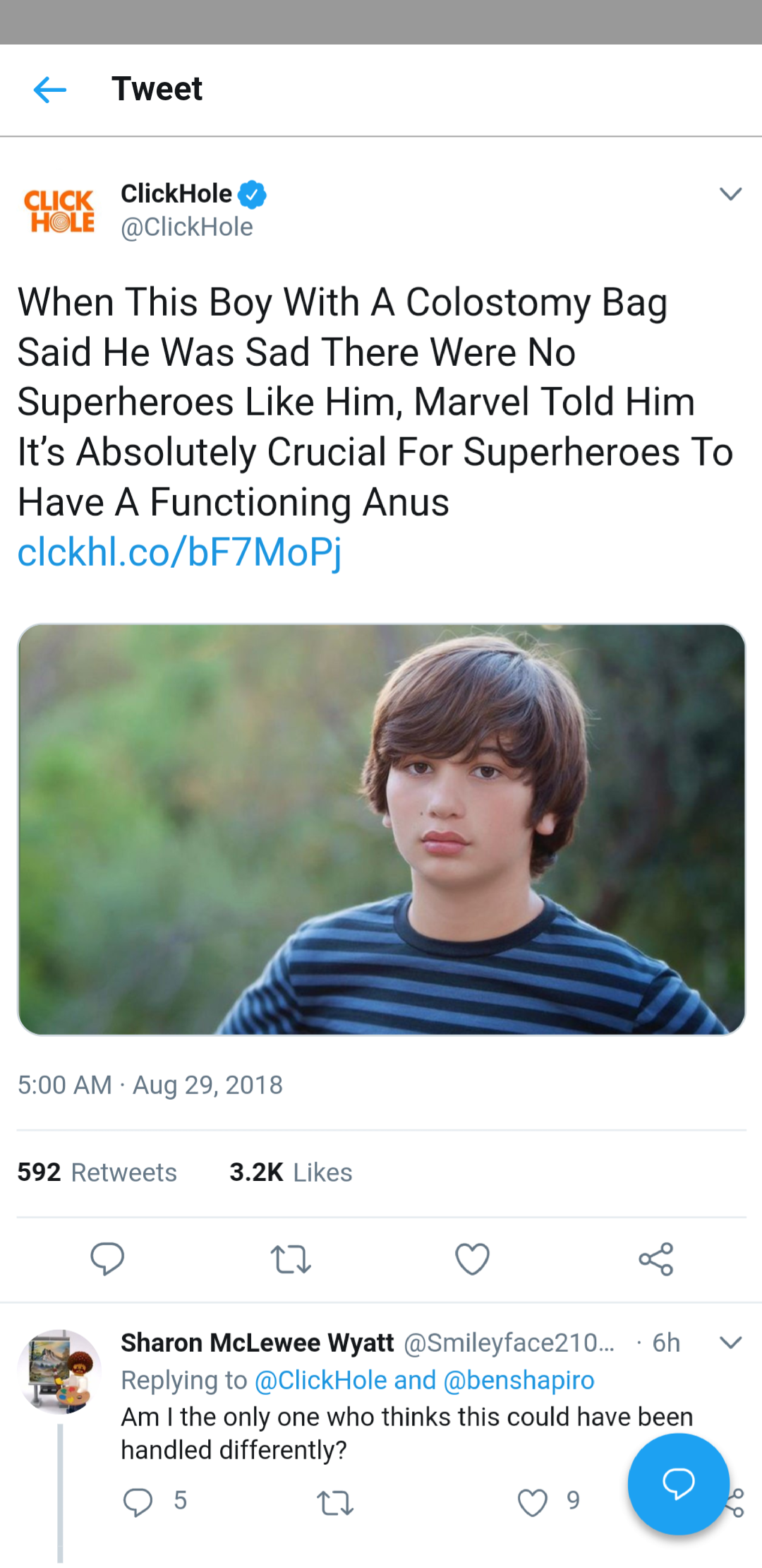dankness of click hole - Tweet Click Click Hole Hole Click Hole When This Boy With A Colostomy Bag Said He Was Sad There Were No Superheroes Him, Marvel Told Him It's Absolutely Crucial For Superheroes To Have A Functioning Anus clckhl.cobF7MoPj 5.00 Am 5