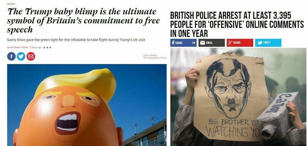 irony meme - Voices The Trump baby blimp is the ultimate symbol of Britain's commitment to free speech British Police Arrest At Least 3,395 People For 'Offensive' Online In One Year 2 Email Sadiq Khan gave the green light for the inflatable to take flight