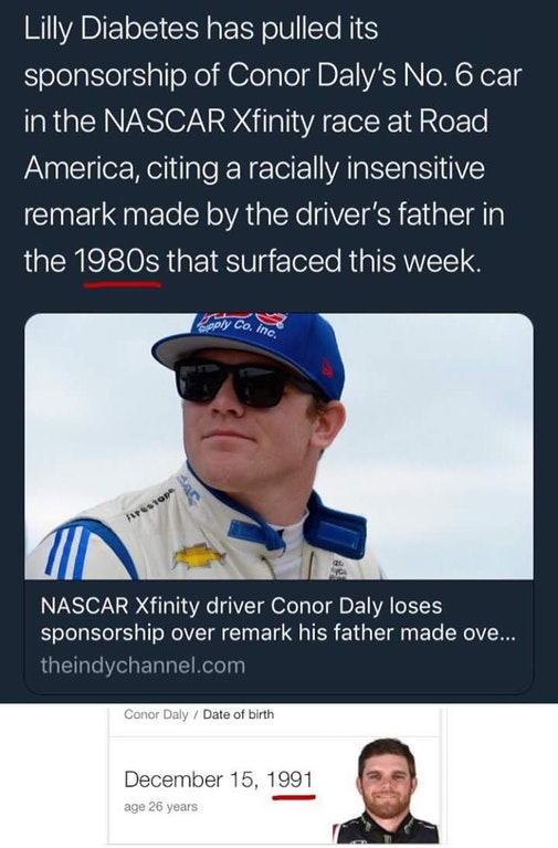 leek jack tweets - Lilly Diabetes has pulled its sponsorship of Conor Daly's No. 6 car in the Nascar Xfinity race at Road, America, citing a racially insensitive remark made by the driver's father in the 1980s that surfaced this week, Poly Co. inc. Nascar