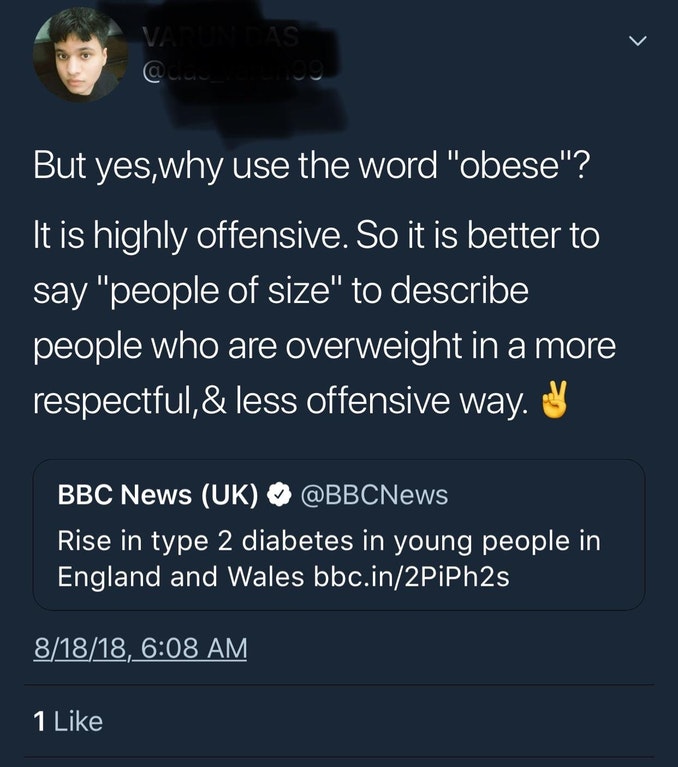 screenshot - Va As But yes,why use the word "obese"? 'It is highly offensive. So it is better to say "people of size" to describe people who are overweight in a more respectful,& less offensive way. V Bbc News Uk Rise in type 2 diabetes in young people in