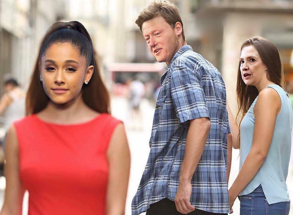 distracted boyfriend but with Ariana Grande and Bill and Hillary Clinton