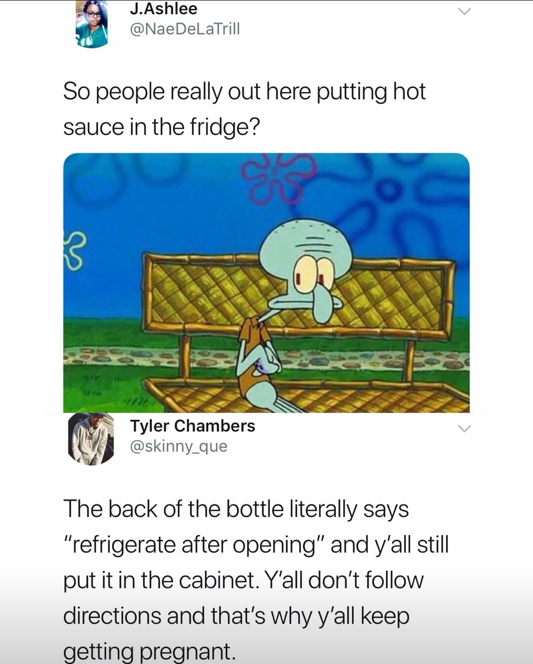 Squidward meme about putting hot sauce back in the fridge