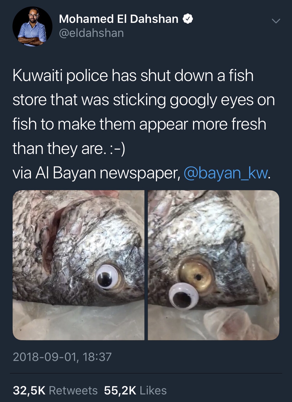 kuwaiti fish googly eyes - Mohamed El Dahshan Kuwaiti police has shut down a fish store that was sticking googly eyes on fish to make them appear more fresh than they are. via Al Bayan newspaper, . ,