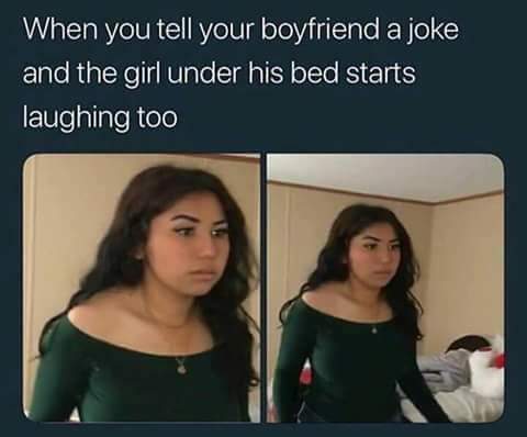 funniest memes - When you tell your boyfriend a joke and the girl under his bed starts laughing too