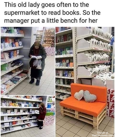 memes - shelf - This old lady goes often to the supermarket to read books. So the manager put a little bench for her Shown at Watchersweb.com