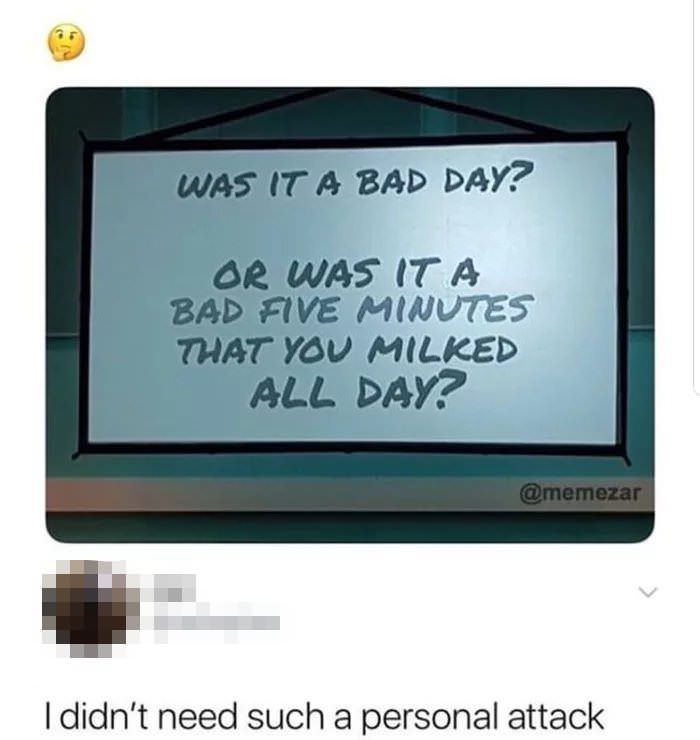 memes - bad day or a bad five minutes meme - Was It A Bad Day? Or Was It A Bad Five Minutes That You Milked All Day? I didn't need such a personal attack