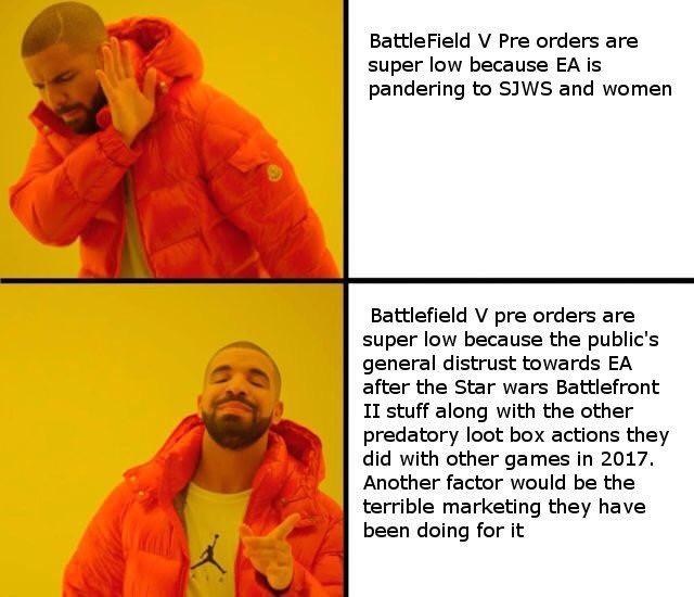 memes - Battlefield V Pre orders are super low because Ea is pandering to Sjws and women Battlefield V pre orders are super low because the public's general distrust towards Ea after the Star Wars Battlefront Ii stuff along with the other predatory loot b