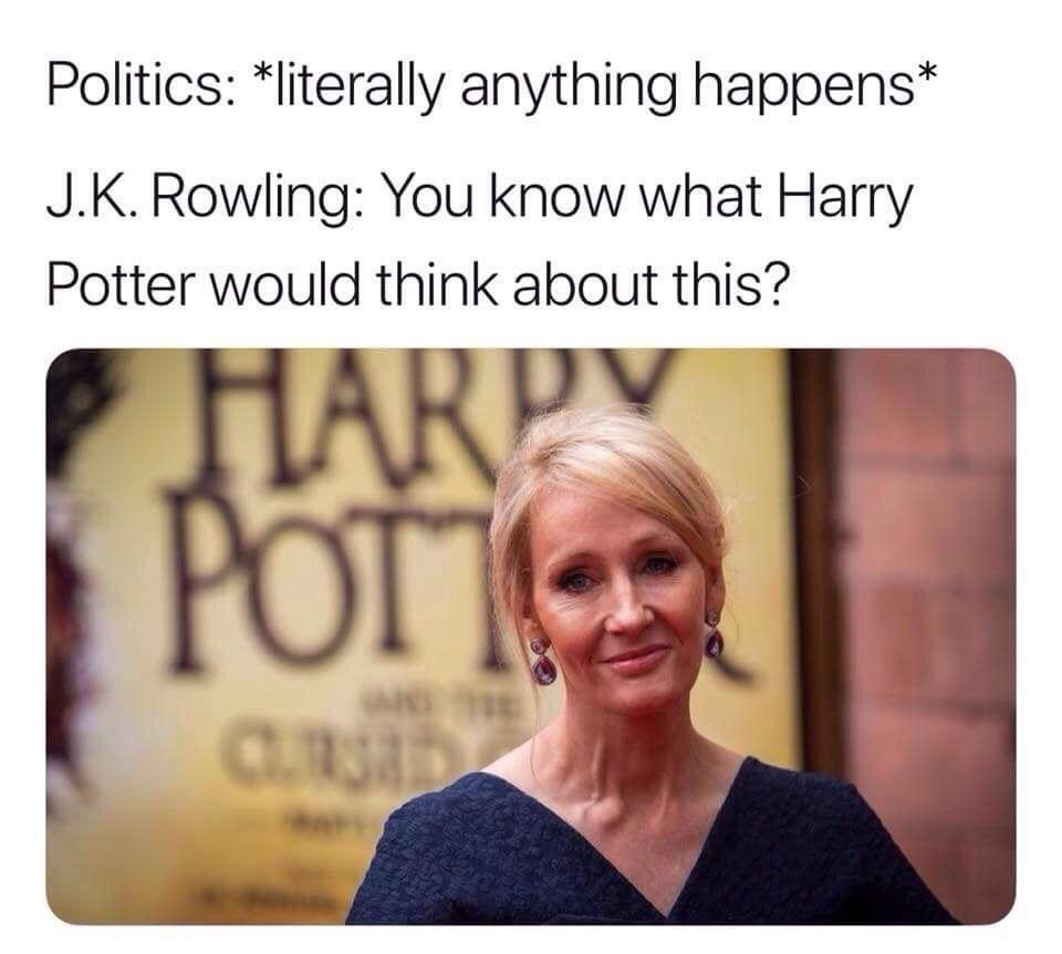 cringe harry potter jk rowling meme - Politics literally anything happens J.K. Rowling You know what Harry Potter would think about this? s