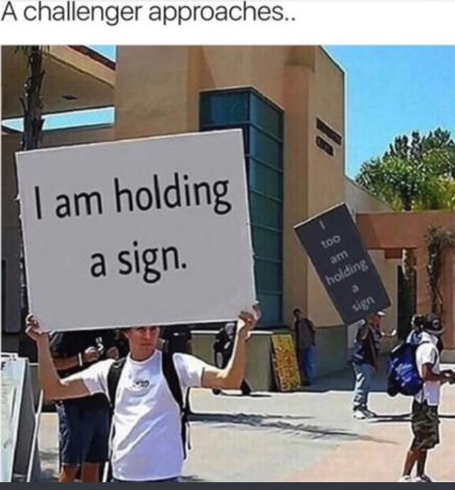 sign meme - A challenger approaches.. I am holding too a sign. holding