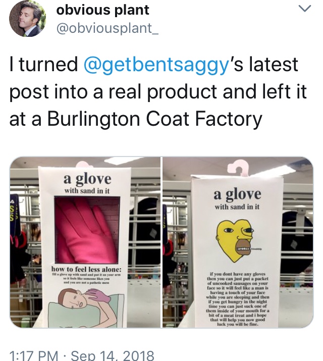 media - obvious plant I turned 's latest post into a real product and left it at a Burlington Coat Factory a glove with sand in it a glove with sand in it how to feel less alone new window d apat if you dont have any gloves then you can just put a packet 