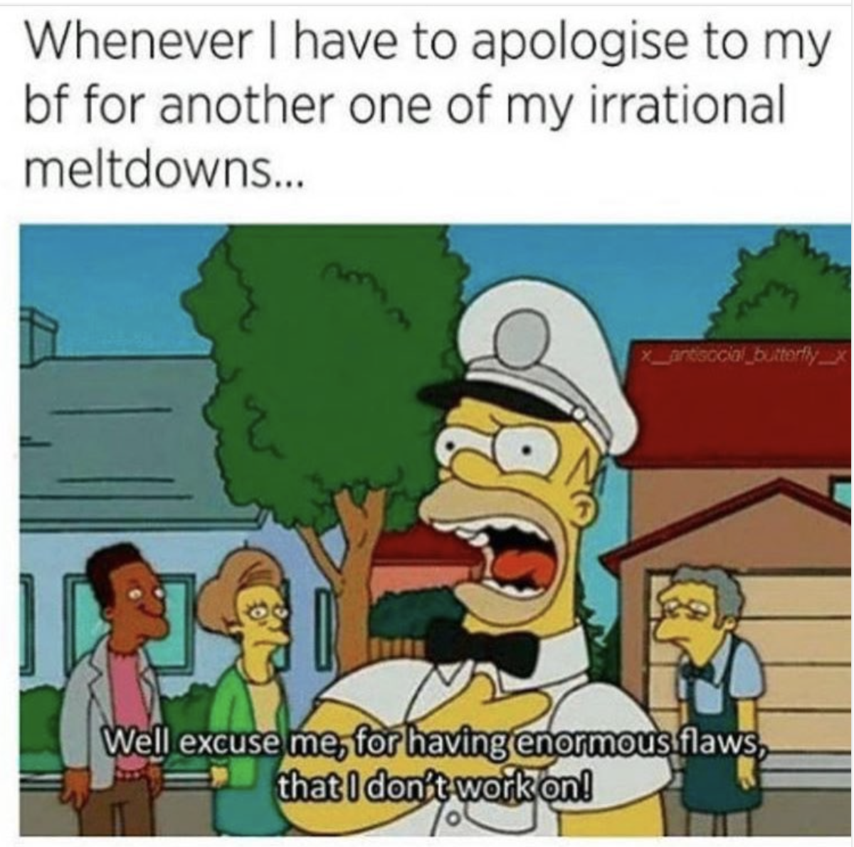 simpsons logic - Whenever I have to apologise to my bf for another one of my irrational meltdowns... Well excuse me, for having enormous flaws, that I don't work on!