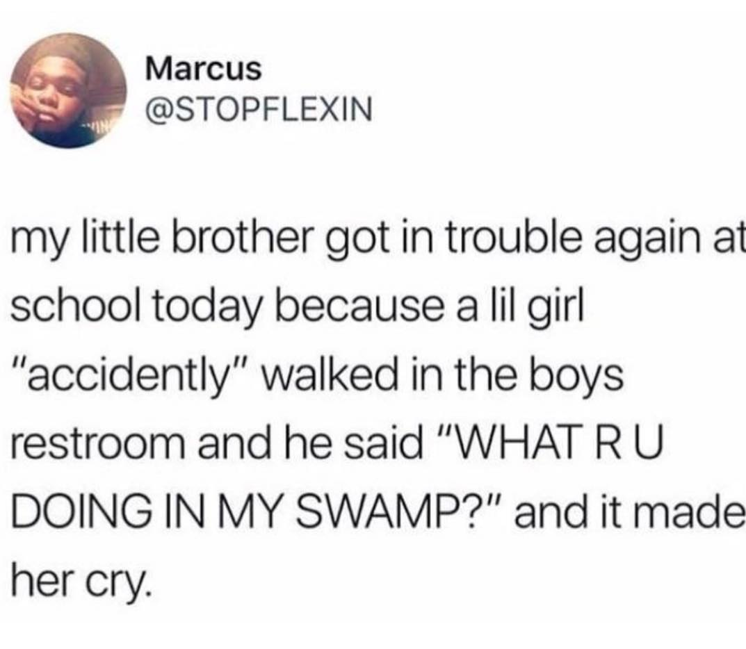 no more toxic in 2019 - Marcus my little brother got in trouble again at school today because a lil girl "accidently" walked in the boys restroom and he said "What Ru Doing In My Swamp?" and it made her cry.