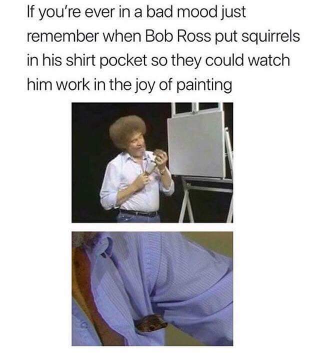 bob ross squirrel meme - If you're ever in a bad mood just remember when Bob Ross put squirrels in his shirt pocket so they could watch him work in the joy of painting