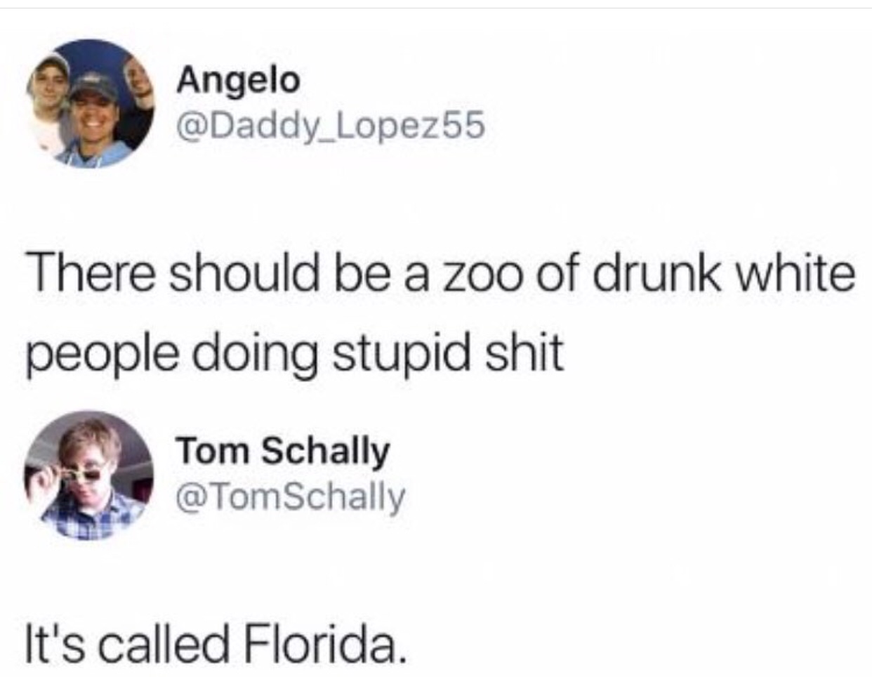memes - there should be a zoo of drunk white people - Angelo There should be a zoo of drunk white people doing stupid shit Tom Schally Schally It's called Florida.
