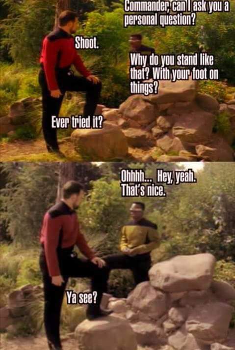 memes - riker pose - Commander, can I ask you a personal question? Shoot. Why do you stand that? With your foot on things? Ever tried it? Ohhhh... Hey, yeah. That's nice. Ya see?