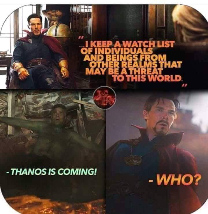 memes - thanos is coming meme - ...I Keep Awatch List Of Individuals And Beings From Other Realms That May Be A Threat" To This World. Thanos Is Coming! Who?