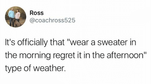 memes - Ross It's officially that "wear a sweater in the morning regret it in the afternoon" type of weather.