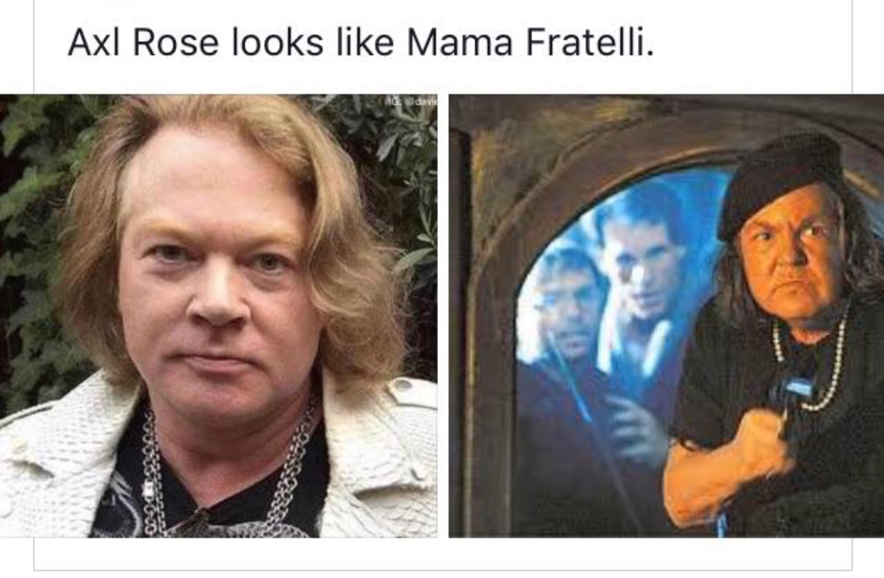 memes  - throw momma from the train - Axl Rose looks Mama Fratelli. Gus