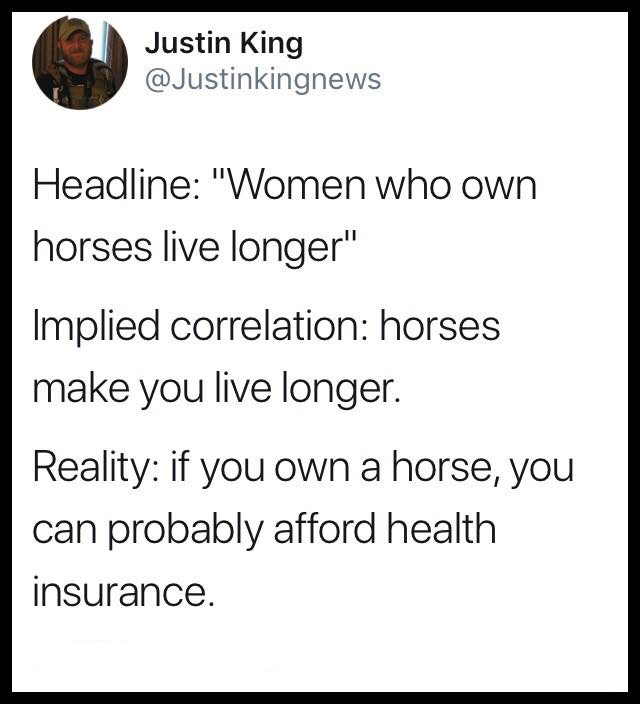 memes - angle - Justin King Headline "Women who own horses live longer" Implied correlation horses make you live longer. Reality if you own a horse, you can probably afford health insurance.