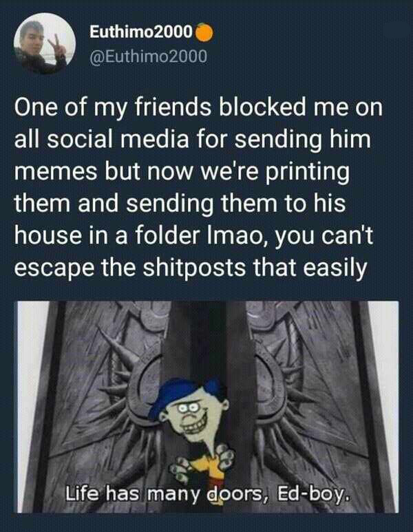 memes - life has many doors ed boy meme fma - Euthimo2000 One of my friends blocked me on all social media for sending him memes but now we're printing them and sending them to his house in a folder Imao, you can't escape the shitposts that easily Life ha