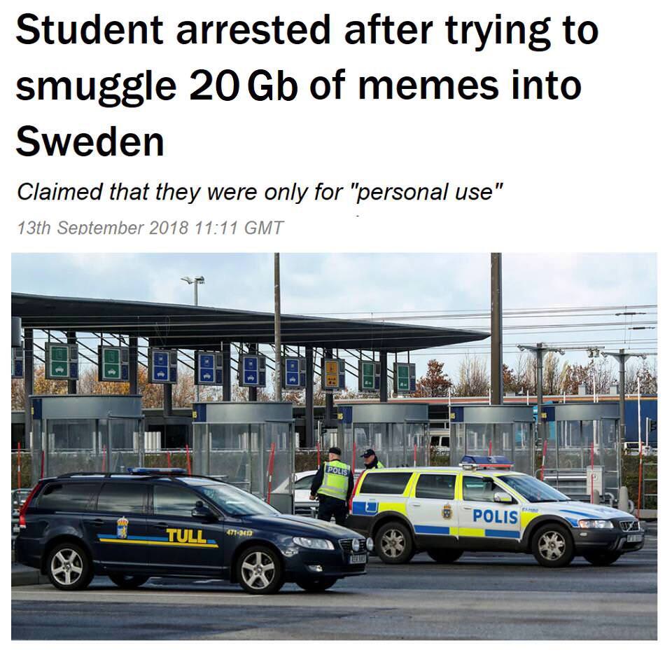 memes - student arrested for smuggling memes into sweden - Student arrested after trying to smuggle 20 Gb of memes into Sweden Claimed that they were only for "personal use" 13th Gmt Polis Polis Tull 471240