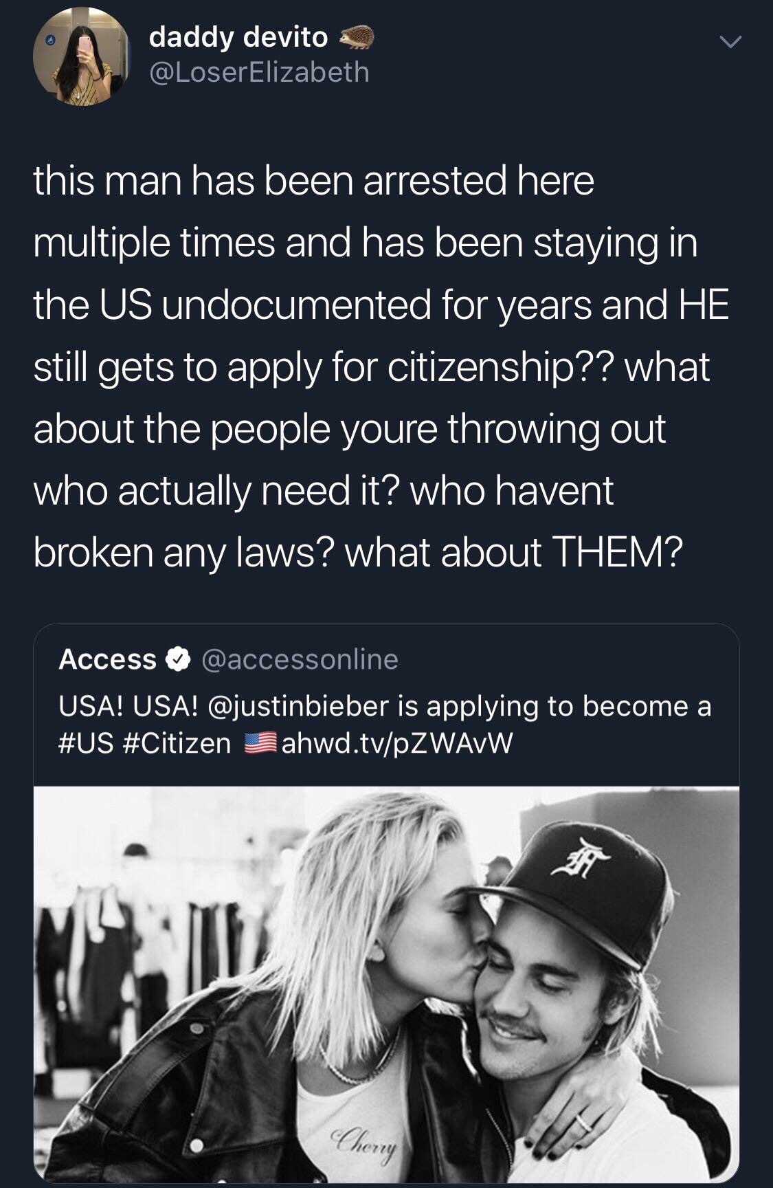 memes - justin bieber selena gomez 2019 - daddy devito this man has been arrested here multiple times and has been staying in the Us undocumented for years and He still gets to apply for citizenship?? what about the people youre throwing out who actually 