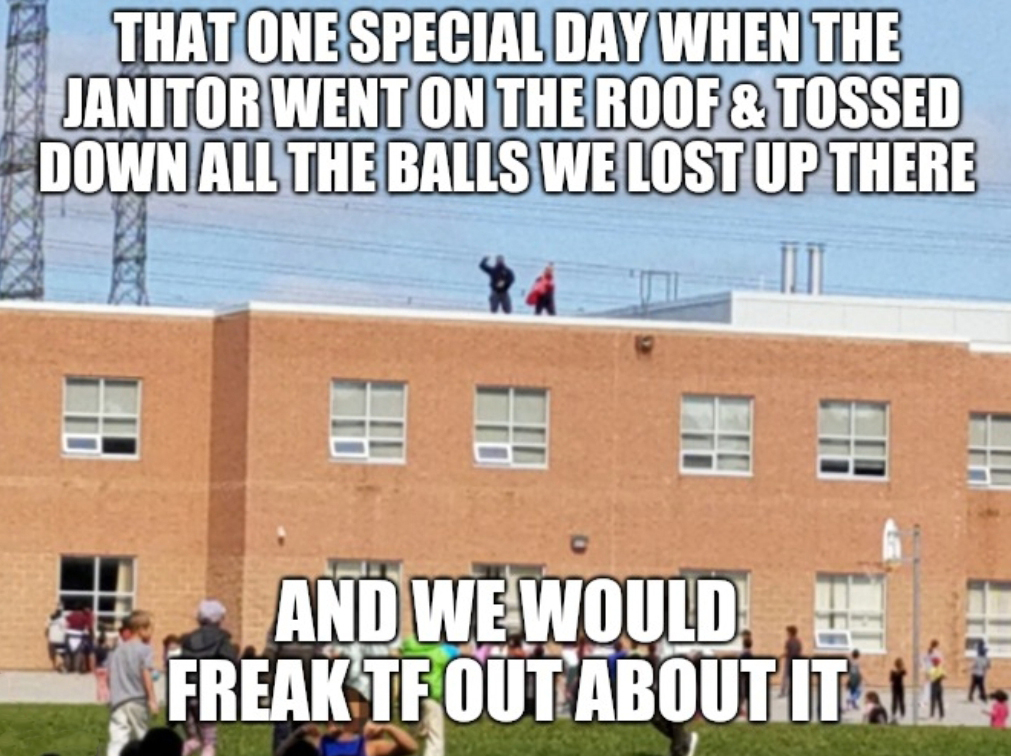 memes - residential area - That One Special Day When The Janitor Went On The Roof & Tossed Down All The Balls We Lost Up There And We Would , Freak Tf Out About It Line