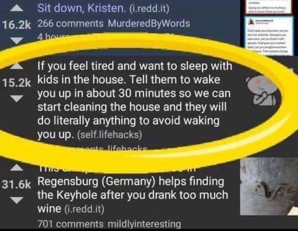 material - Sit down, Kristen. i.redd.it 266 MurderedByWords If you feel tired and want to sleep with kids in the house. Tell them to wake you up in about 30 minutes so we can start cleaning the house and they will do literally anything to avoid waking you