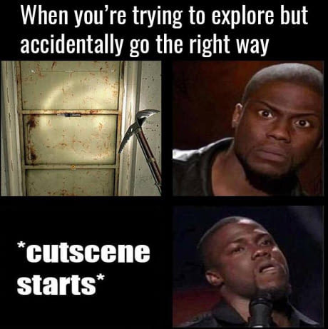 gaming memes instagram - When you're trying to explore but accidentally go the right way cutscene starts