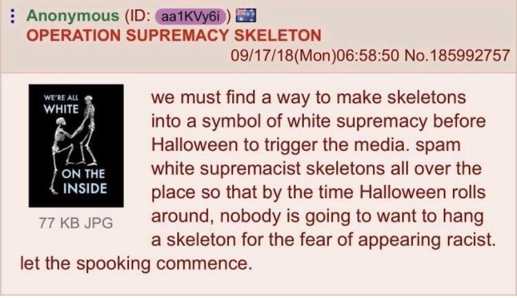 skeletons racist - Anonymous Id aa 1KVy6i Operation Supremacy Skeleton 091718Mon50 No. 185992757 We'Re All White we must find a way to make skeletons into a symbol of white supremacy before Halloween to trigger the media. spam On The white supremacist ske
