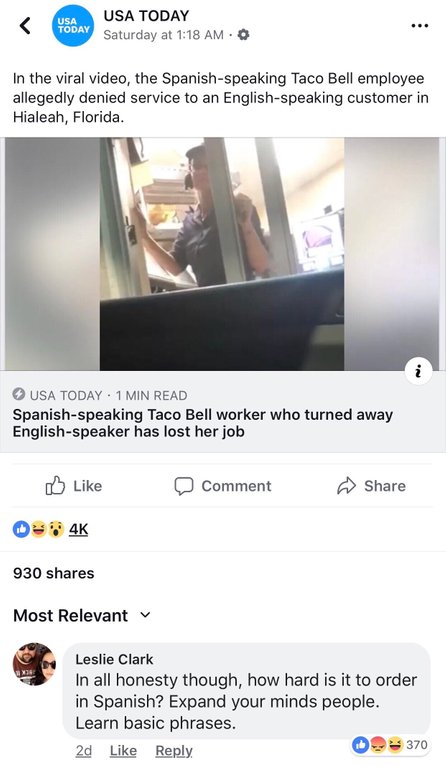 media - Usa Today Usa Today Saturday at In the viral video, the Spanishspeaking Taco Bell employee allegedly denied service to an Englishspeaking customer in Hialeah, Florida. Usa Today. 1 Min Read Spanishspeaking Taco Bell worker who turned away Englishs