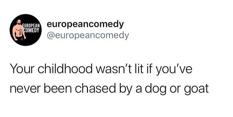 if you say fuck off backwards - European Comedy europeancomedy Your childhood wasn't lit if you've never been chased by a dog or goat