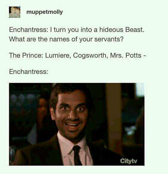 beauty and the beast meme tom haverford - muppetmolly Enchantress I turn you into a hideous Beast. What are the names of your servants? The Prince Lumiere, Cogsworth, Mrs. Potts Enchantress Cityty