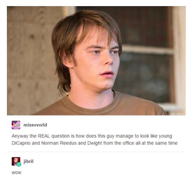 stranger things tumblr posts - missvvorld Anyway the Real question is how does this guy manage to look young DiCaprio and Norman Reedus and Dwight from the office all at the same time jibril Wow