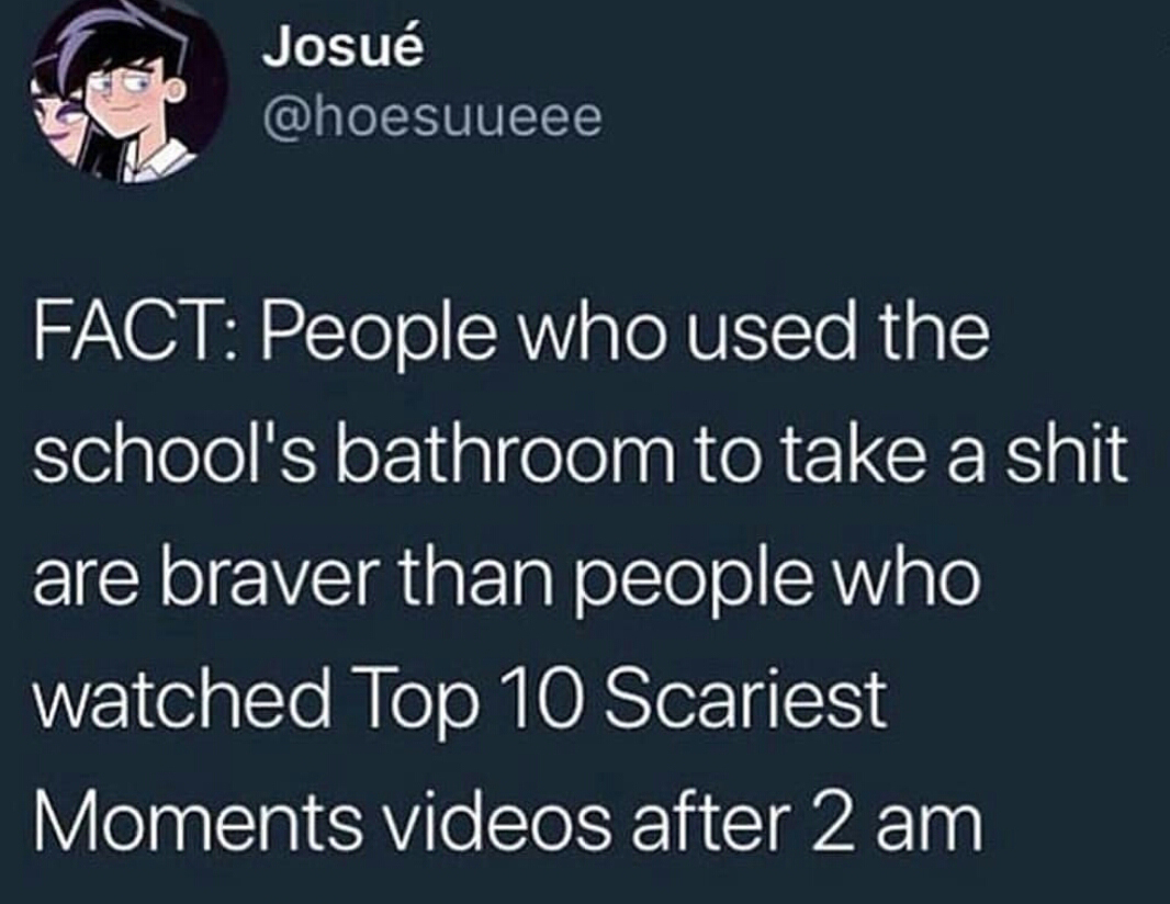 offensive depressing memes - Josu Fact People who used the school's bathroom to take a shit are braver than people who watched Top 10 Scariest Moments videos after 2 am
