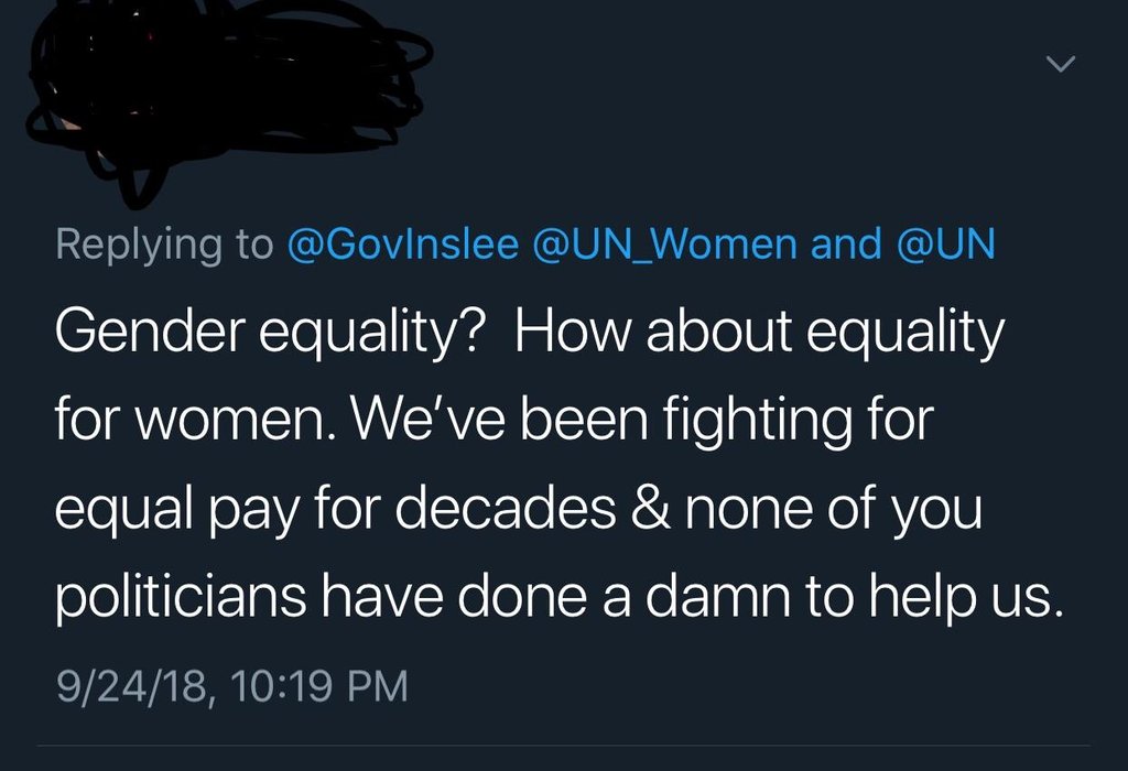and , Gender equality? How about equality for women. We've been fighting for equal pay for decades & none of you politicians have done a damn to help us. 92418,