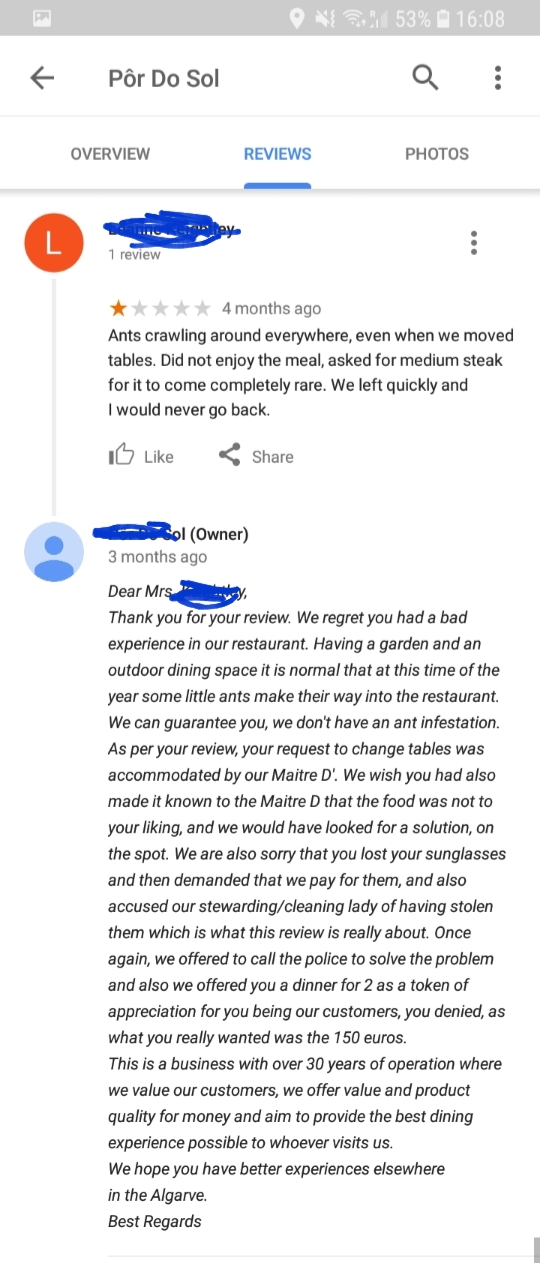 restaurant owner review - De 90% 53% @ f Pr do Sol Overview Reviews Photos 1 review 4 months ago Ants crawling around everywhere, even when we moved tables. Did not enjoy the meal, asked for medium steak for it to come completely rare. We left quickly and
