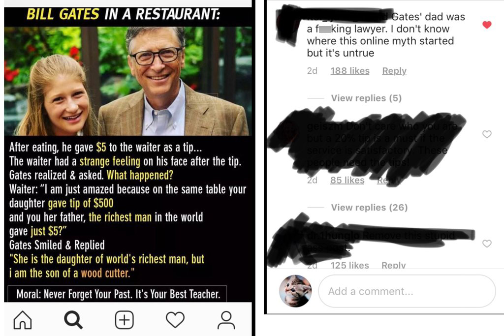 bill gates in a restaurant tip - Bill Gates In A Restaurant Gates' dad was af king lawyer. I don't know where this online myth started but it's untrue 2d 188 View replies 5 'oeiston l care who you are but 20% is a must the Service satisfactory These peopl