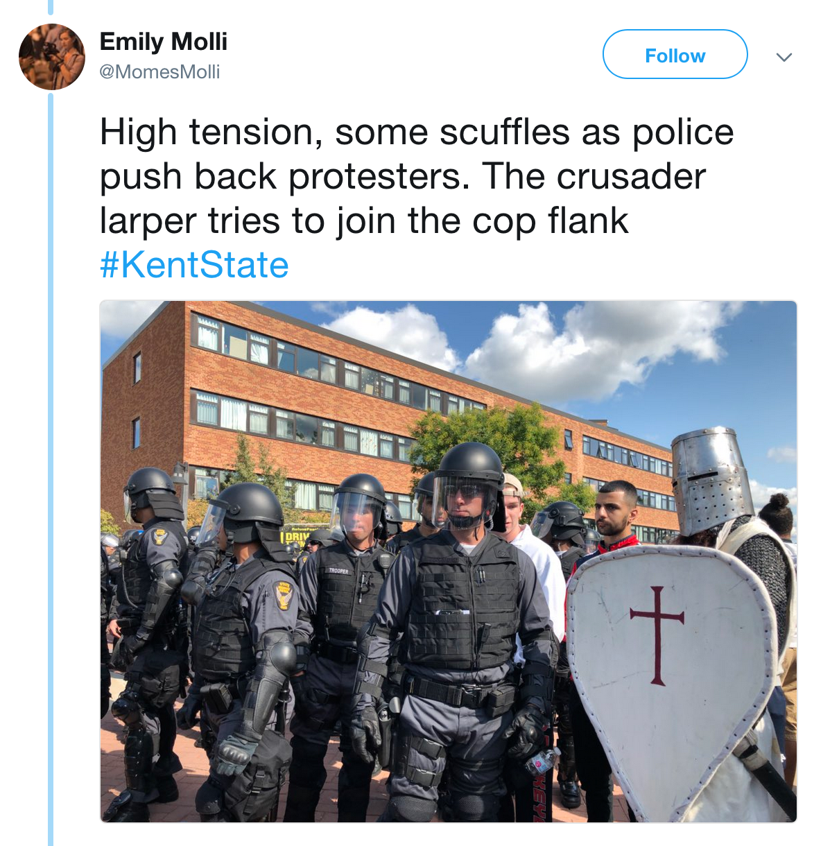 kent state gun rally - Emily Molli MomesMolli High tension, some scuffles as police push back protesters. The crusader larper tries to join the cop flank State