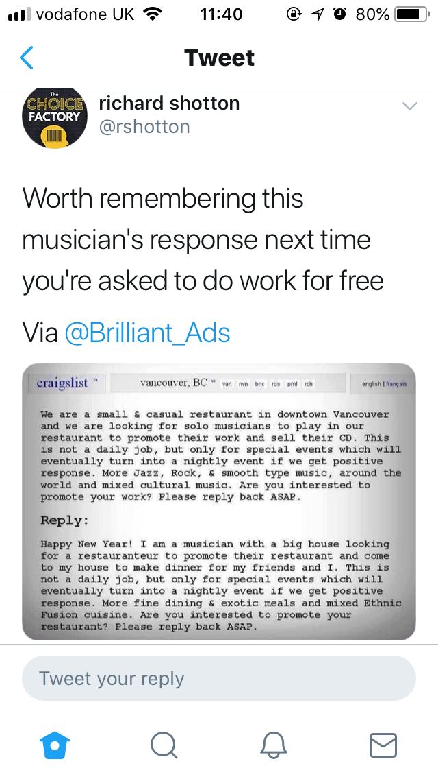 twitter jailbreak codes - Jull vodafone Uk 2 @ 70 80%O Tweet Choice richard shotton Factory Worth remembering this musician's response next time you're asked to do work for free Via craigslist Vancouver, Bc van n bnc id pmirch english | franais We are a s