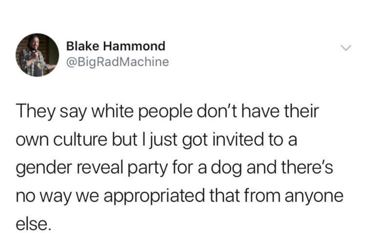 cringe funny scottish tweets - Blake Hammond RadMachine They say white people don't have their own culture but I just got invited to a gender reveal party for a dog and there's no way we appropriated that from anyone else.