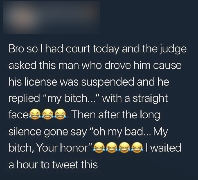 atmosphere - Bro solhad court today and the judge asked this man who drove him cause his license was suspended and he replied "my bitch..." with a straight faceaea. Then after the long silence gone say "oh my bad... My bitch, Your honor"Qara I waited a ho