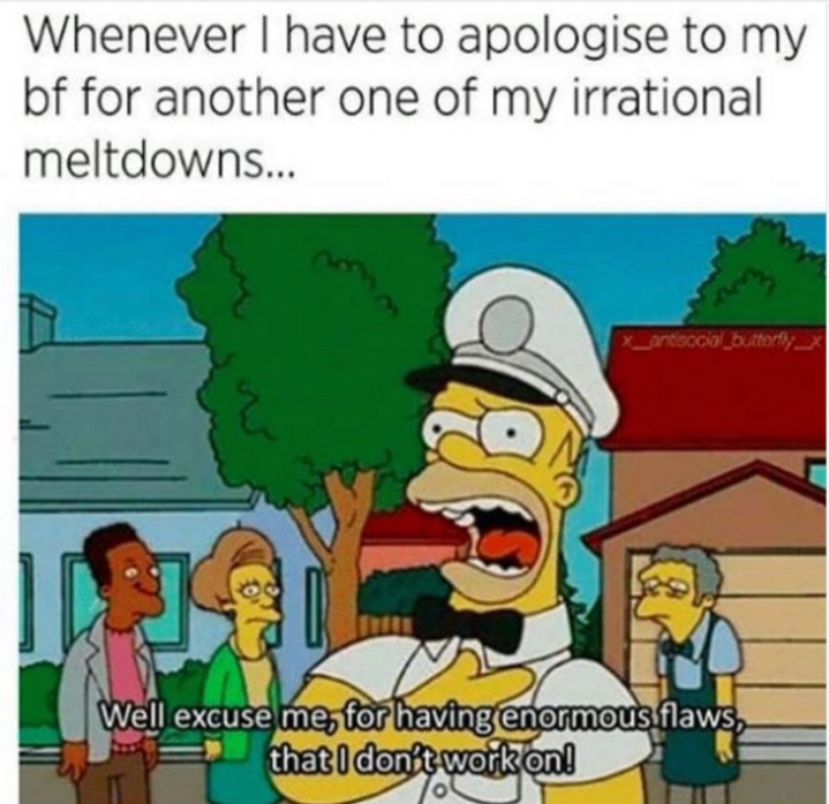 failing relationship memes - Whenever I have to apologise to my bf for another one of my irrational meltdowns... Well excuse me, for having enormous flaws, that I don't work on! fo