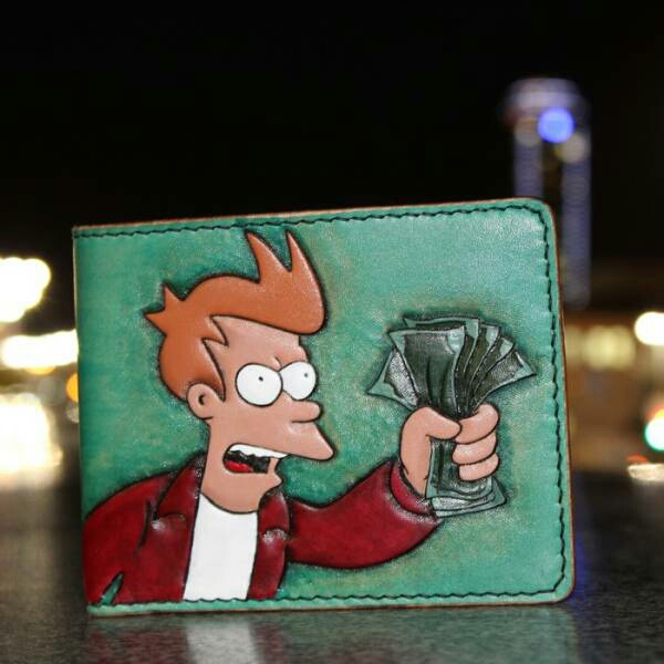 Fry Just Take My money meme on a wallet
