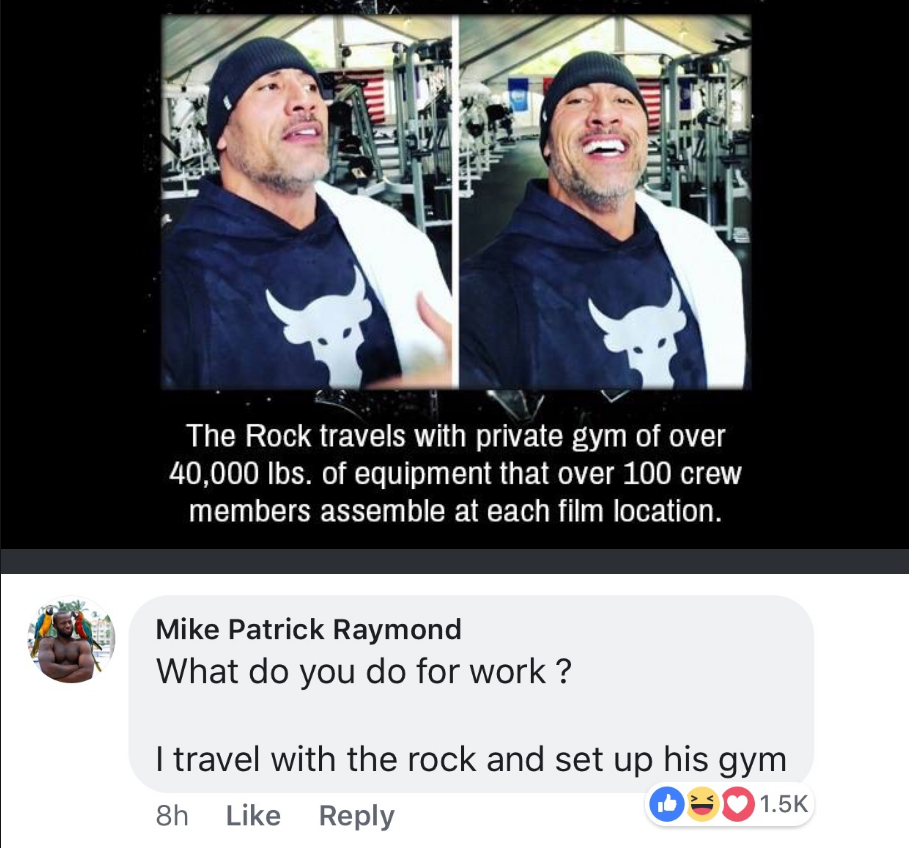 dwayne johnson traveling gym - The Rock travels with private gym of over 40,000 lbs. of equipment that over 100 crew members assemble at each film location. Mike Patrick Raymond What do you do for work? I travel with the rock and set up his gym 8h D