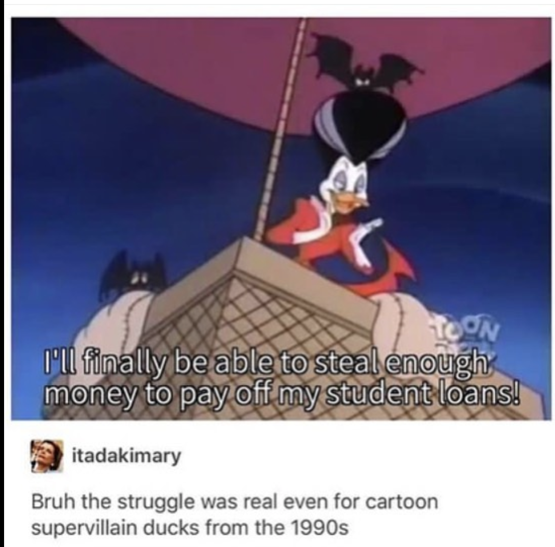 donald duck student loans meme - Toon I'll finally be able to steal enough money to pay off my student loans! itadakimary Bruh the struggle was real even for cartoon supervillain ducks from the 1990s